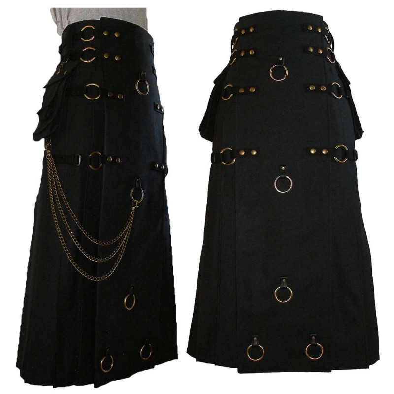 Long Black Gothic Cotton Utility Kilt Steampunk Design Leather Straps & Chains 